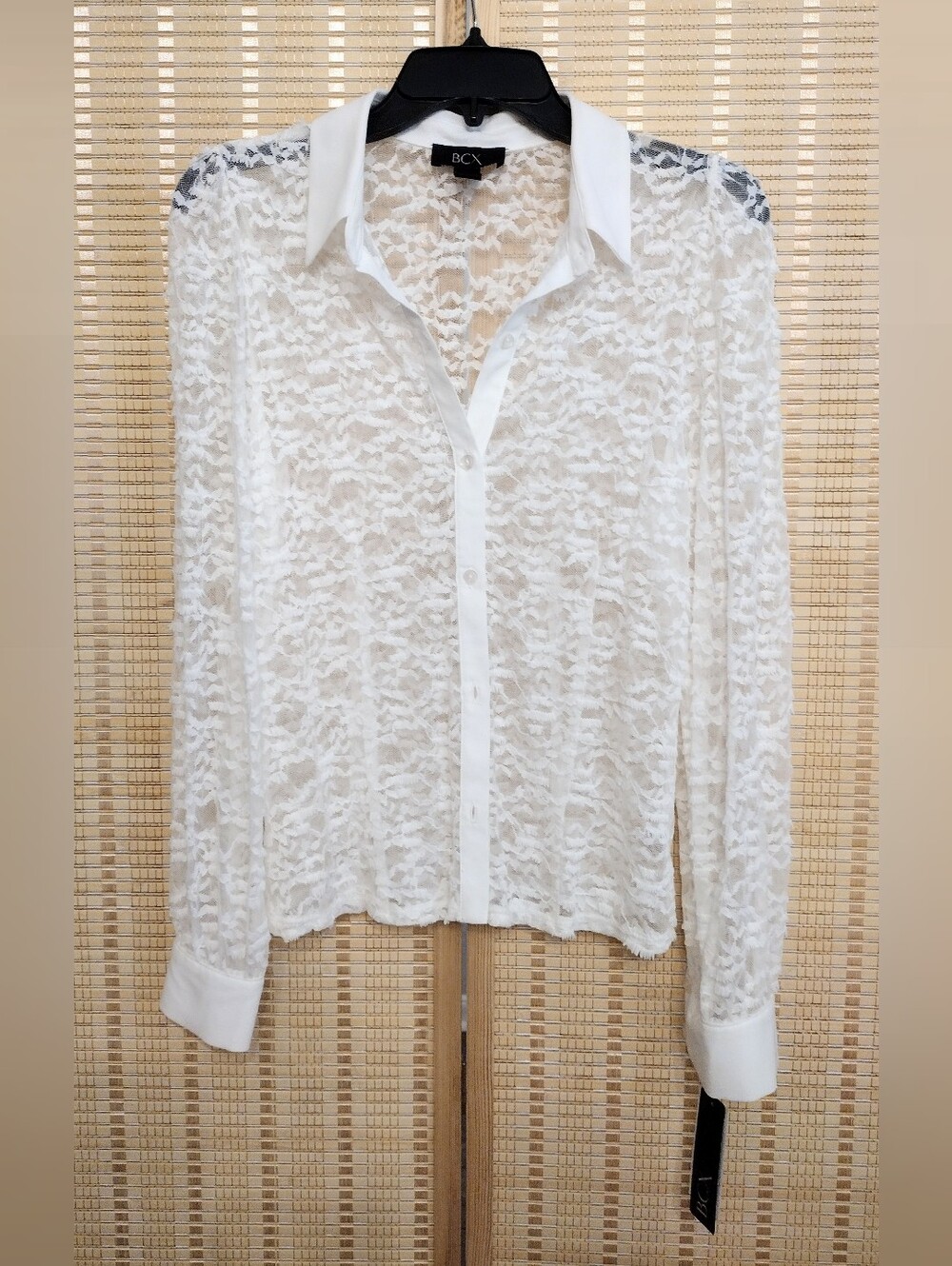 BCX White Sheer Lace Button-Down Shirt